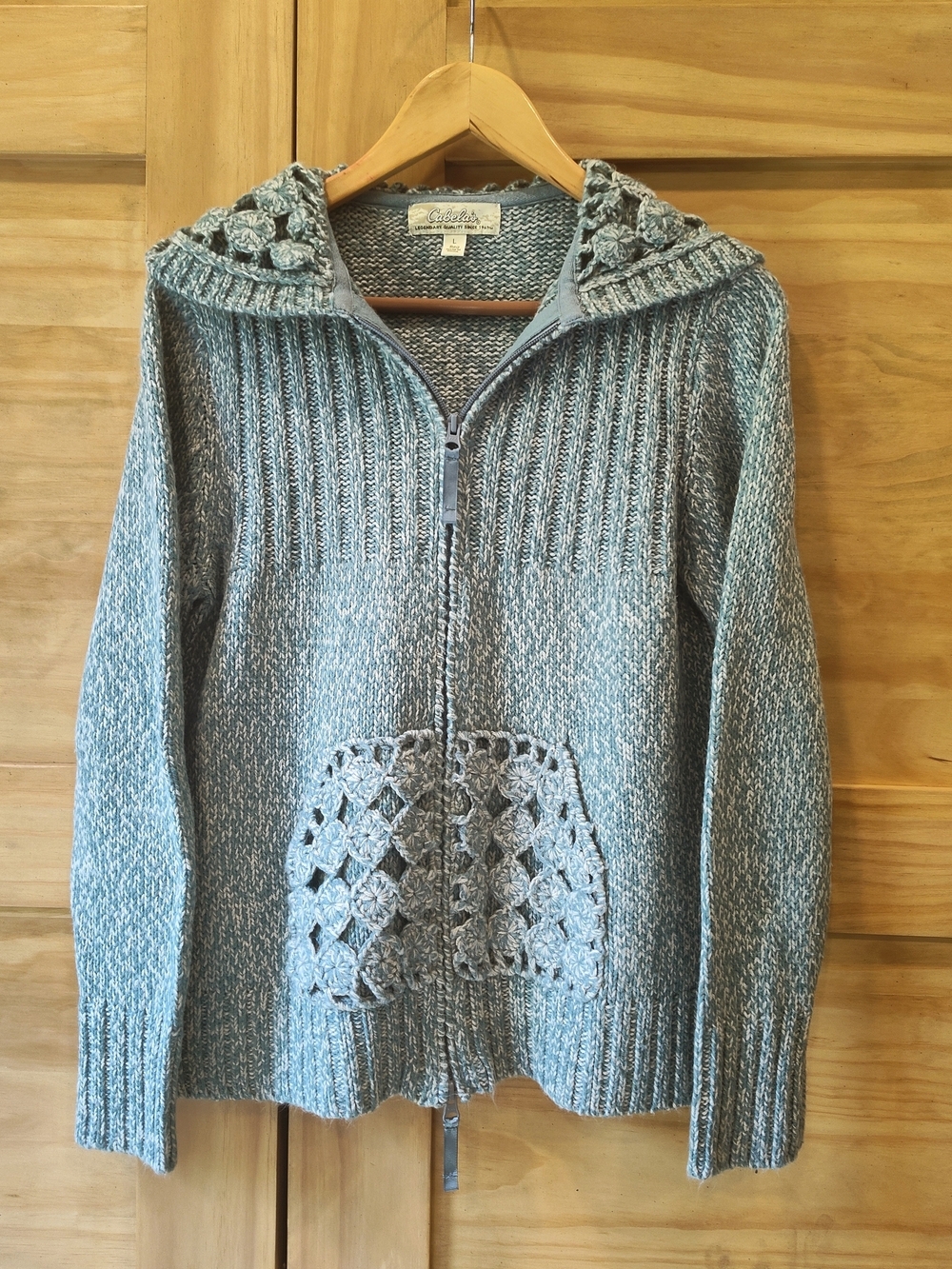 Cabela's Women's Blue & Cream Hooded Knit Zip Up Sweater Jacket Cardigan | Lg